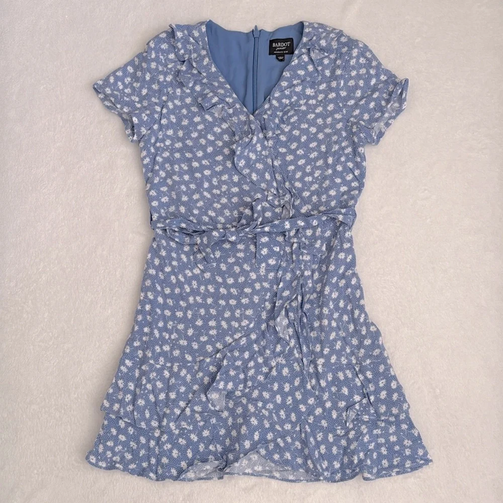 Bardot Junior | Ditsy Floral Print Ruffle Faux Wrap Mini Dress Blue/White (10) - Picture 16 of 16